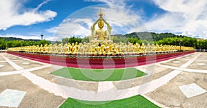 Row of disciple statues surrounding big buddha statue in Thailand