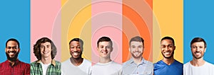 Row Of Diverse Males Portraits In Collage Over Bright Backgrounds