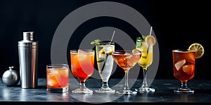 A row of drinks on a table, including a martini, a lemonade, and a margarita