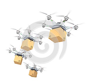 Row of drones delivery cardboard packages for delivery concept