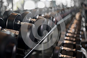 Row of dumbbell in fitness gym