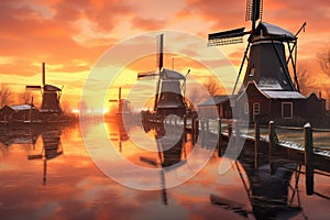 row of dutch windmills at sunset with reflections