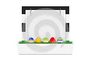 Row of Easter Eggs in Blank Outdoor Banner Desk Display with Grass. 3d Rendering