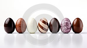 A row of Easter eggs covered with milk and white chocolate on a white background