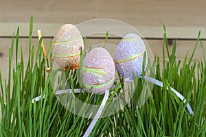 Row of Easter eggs in fresh green grass