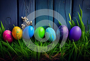 Row of Easter eggs in Fresh Green Grass, AI Generated