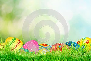 Row of Easter eggs in Fresh Green Grass on green spring bokeh background. Space for text