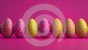 Row of Easter Eggs with Fuchsia and Lime Green Polka Dot Pattern on Fuchsia Background