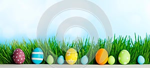 Row of Easter Eggs in grass