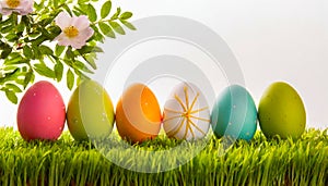 Row of Easter eggs on grass with a white background