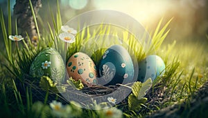 Row of Easter eggs in green grass in sunlight. Stylish tender spring template with space for text. Ai generated