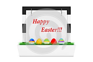 Row of Easter Eggs in Outdoor Banner Desk Display with Happy Easter Sign and Grass. 3d Rendering