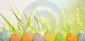 Row Easter eggs with spring green grass background