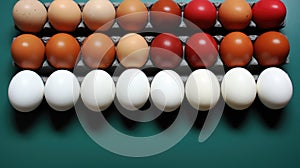 A row of eggs sitting on top of a green table. Generative AI image.