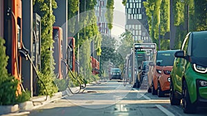 A row of electric cars parked next to each other at a charging station, ready to charge and reduce carbon emissions, An eco-