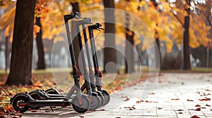 Row of electric scooters parked on a sidewalk in a park.