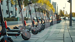 Row of electric scooters parked on a sidewalk in a park.