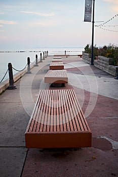 Row of empty benches on the Navy Pier, Chicago