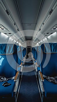 A row of empty blue seats in an airplane