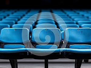 A row of empty blue seats in an empty stadium