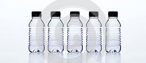 Row of Empty Clear Plastic Bottles with Black Caps