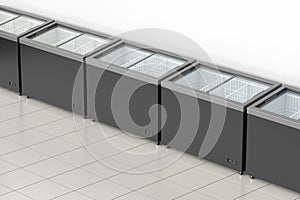 Row with empty freezers in supermarket