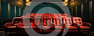 Row of empty red seats, movie theatre