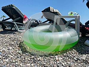 Row of empty sun loungers on the beach in Kemer Antalya