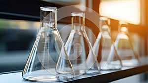 A row of empty test tubes on a shelf.
