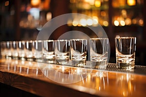 a row of empty water glasses on a bar counter