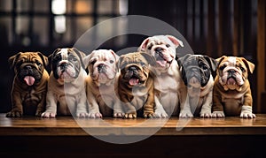 Row of English bulldog puppies with expressive faces seated side by side on a wooden surface exemplifying purebred canine charm