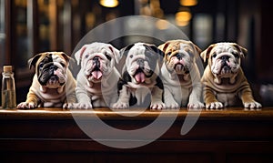 Row of English bulldog puppies with expressive faces seated side by side on a wooden surface exemplifying purebred canine charm