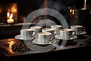 A row of espresso cups filled with freshly brewed shots of espresso