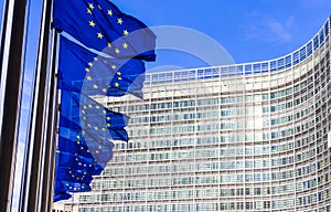 Row of EU Flags in front of the European Union Commission building in Brussels