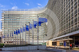 Row of EU Flags in front of the European Union Commission building in Brussels