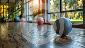 A row of exercise balls on a wooden floor in front of windows, AI