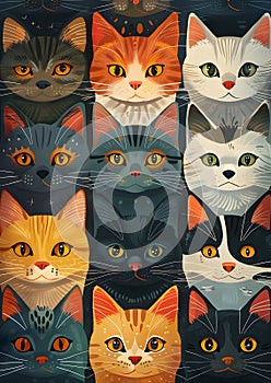 A row of Felidae with white, blue, and yellow facial expressions