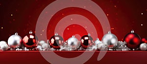Row of festive red and silver Christmas balls on a crimson background