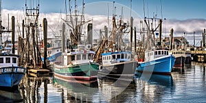 A row of fishing boats docked at a bustling harbor, contrasted against a lively maritime backdrop, concept of Marine