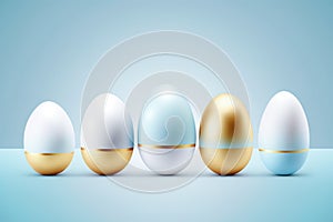 A row of five decorated Easter eggs on blur background. Generative Ai.