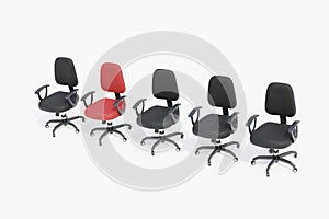 Row of five office chair, one red and four black chairs, career concept