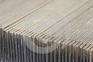 Row of flat brown cartons in a packing line