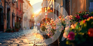 Row of Flower Pots Along Street. Generative AI