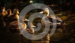 A row of fluffy ducklings quacking, looking at camera generated by AI