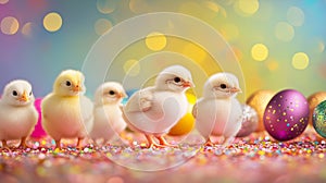 Fluffy Easter chicks walking among glitter eggs and festive colorful confetti