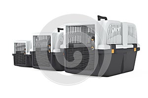 Row fo Pet Travel Plastic Cage Carrier Boxes. 3d Rendering