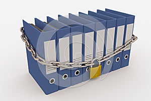 Row of folders closed by a chain and padlock