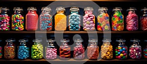 A row of food storage containers filled with natural candies on a magenta shelf