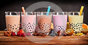 Row of fresh boba bubble tea glasses on wooden background