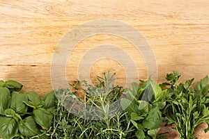Row of fresh herbs on an old wooden chopping board